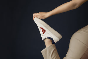 Person wearing our White Red Blue Misfit Shoes - Side View | Wayz Sneakers